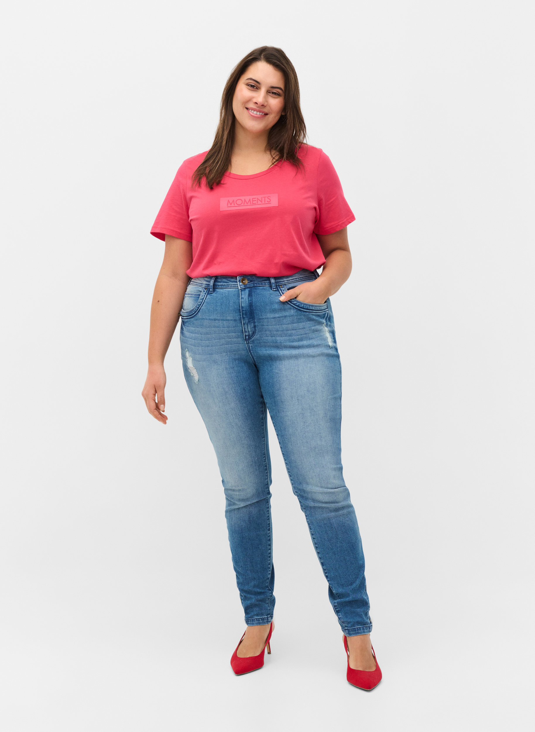 Super slim Amy jeans med splitt og knapper, Light blue, Model image number 0