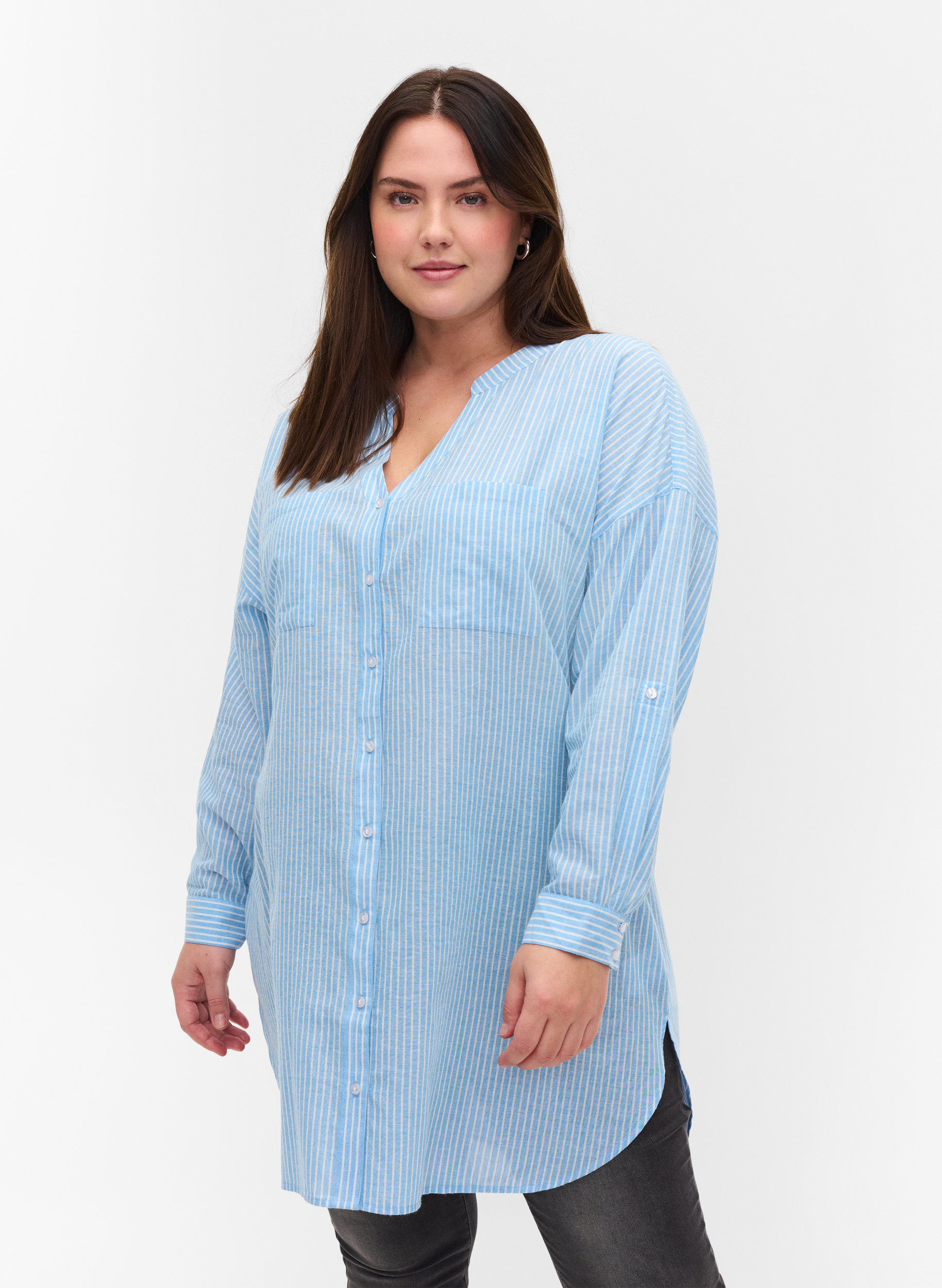 Stripete skjorte i 100% bomull, Lichen Blue Stripe , Model image number 0