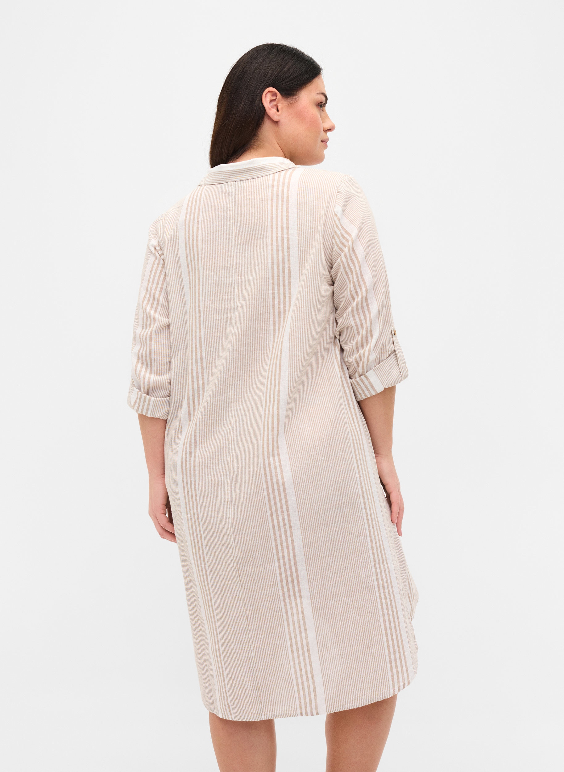 Kjole med V-hals og krage, White Taupe Stripe, Model