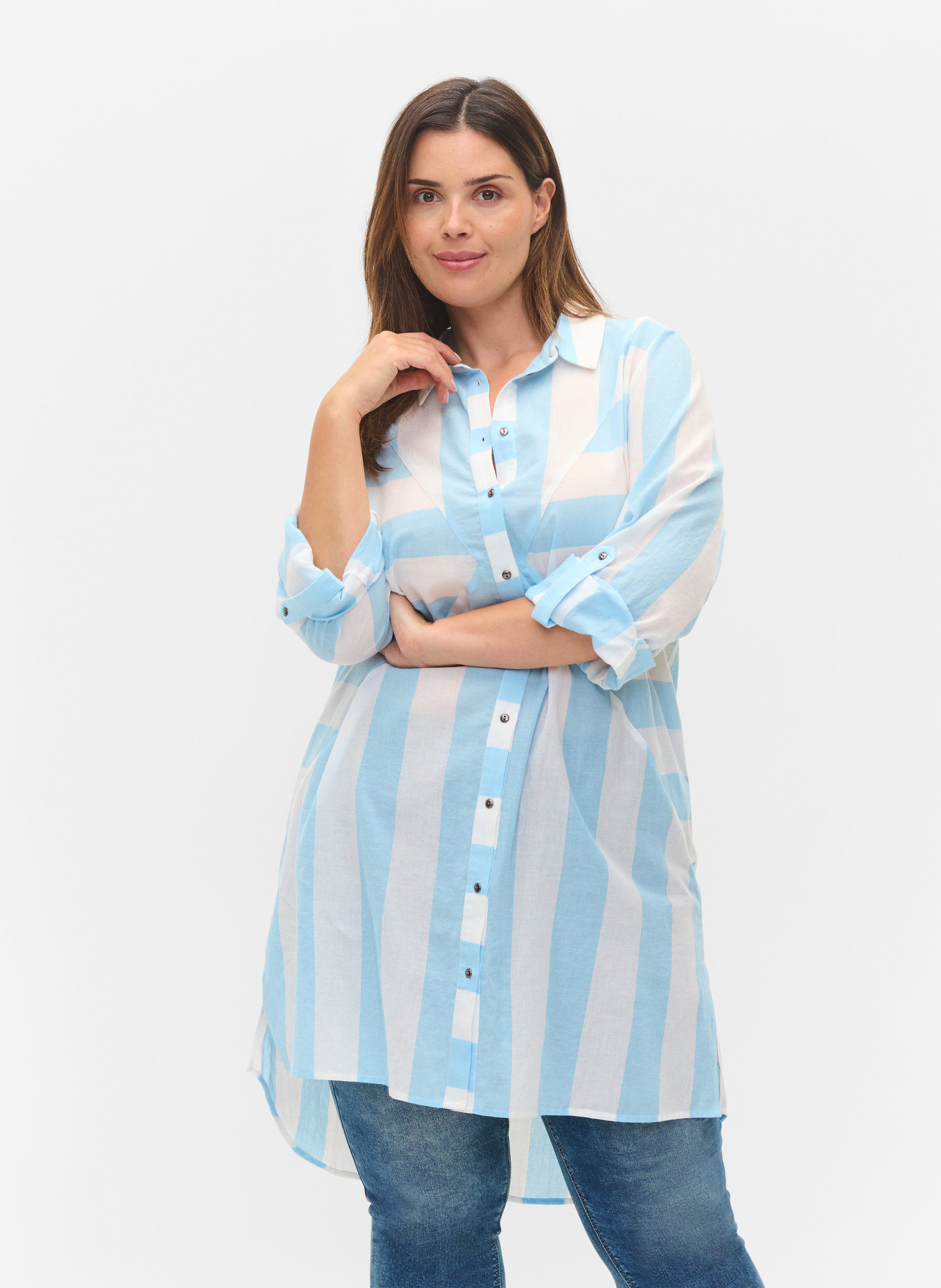 Stripete bomullskjorte med 3/4-ermer, Blue Bell Stripe, Model