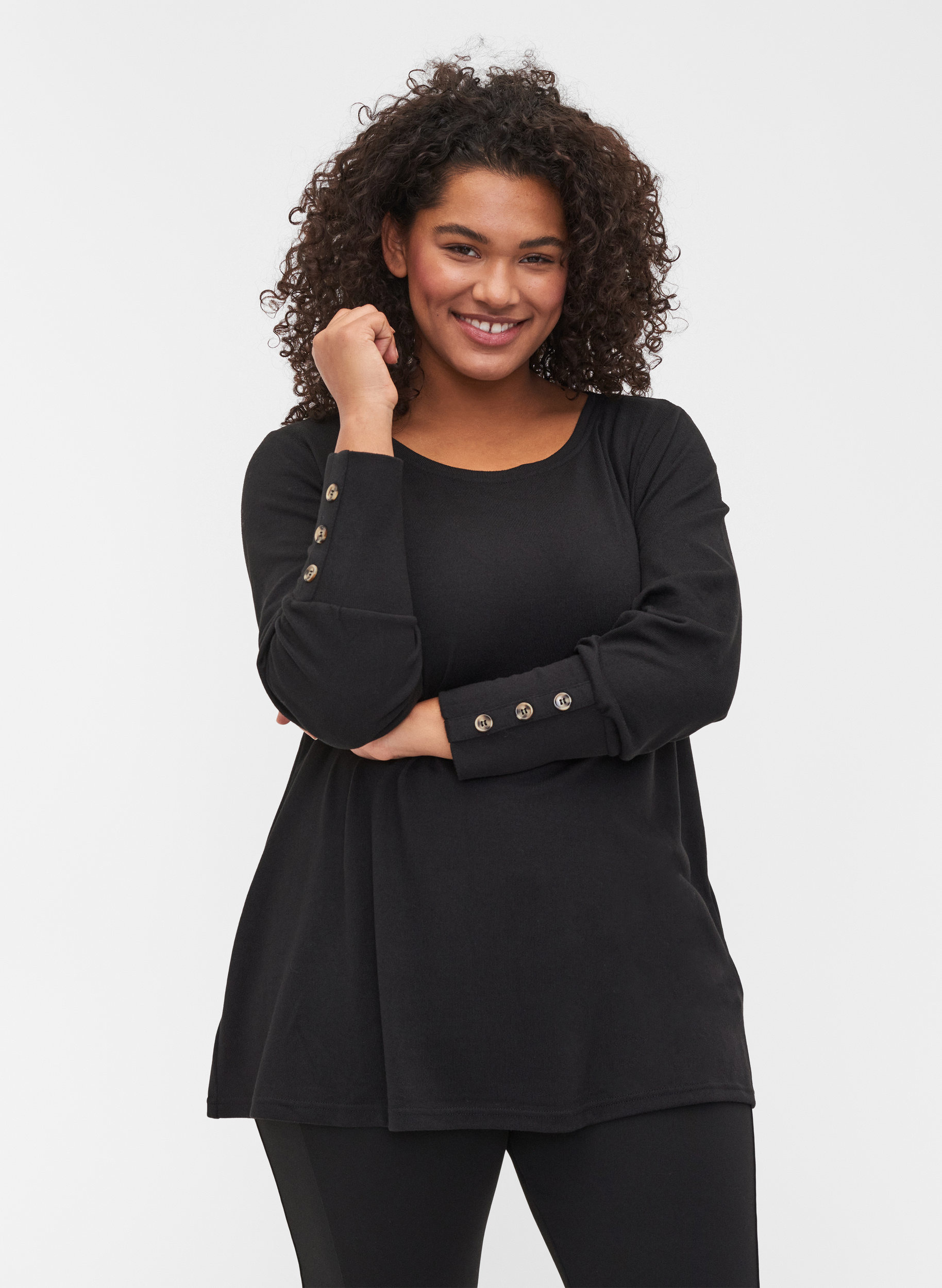 Langermet genser med knappedetaljer, Black, Model image number 0