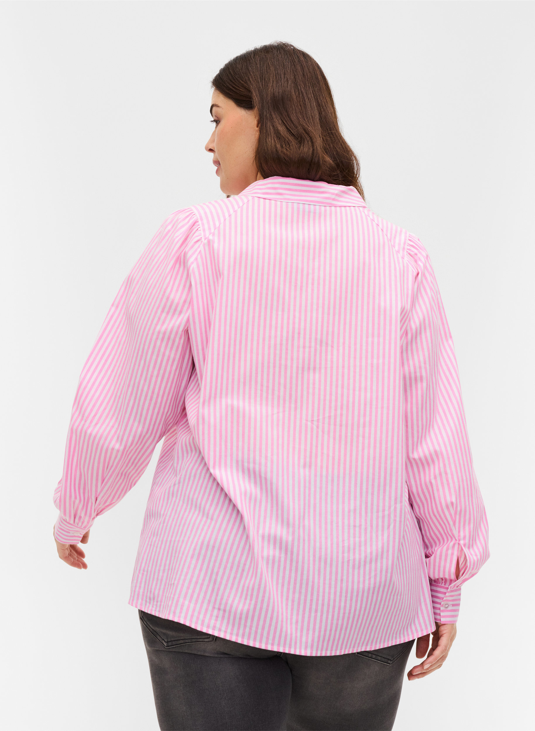 Stripete skjorte i bomull, White/ Pink Stripe, Model image number 1