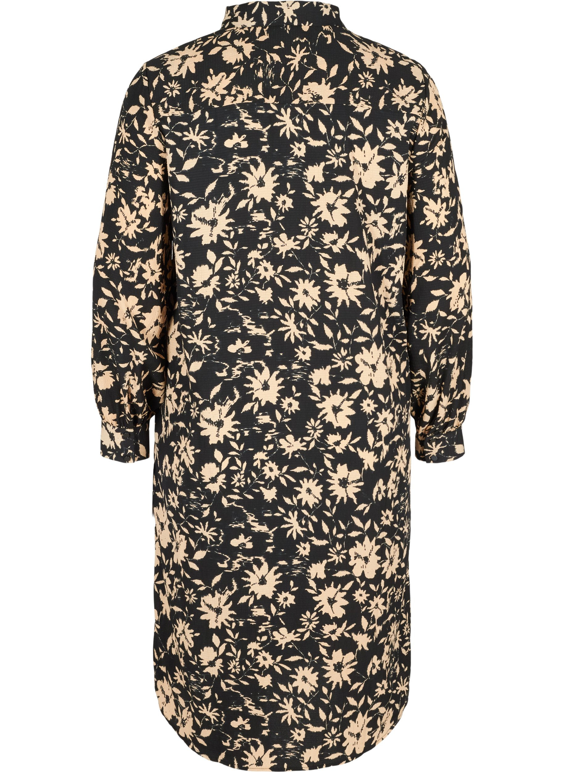 Mønstrete kjole med matchende hårstrikk, Black Beige AOP, Packshot image number 1