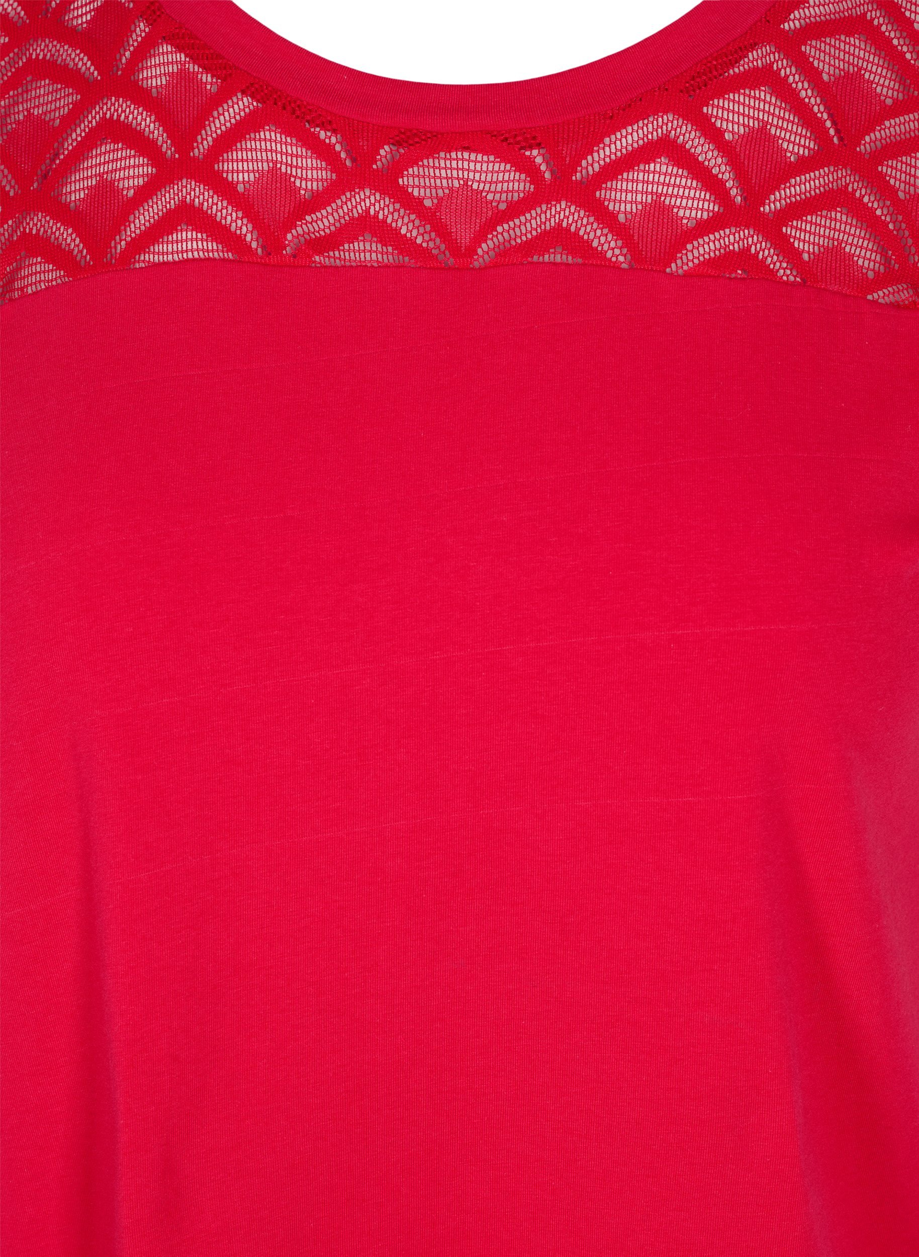 T-skjorte i bomull med blonder, Tango Red, Packshot image number 2