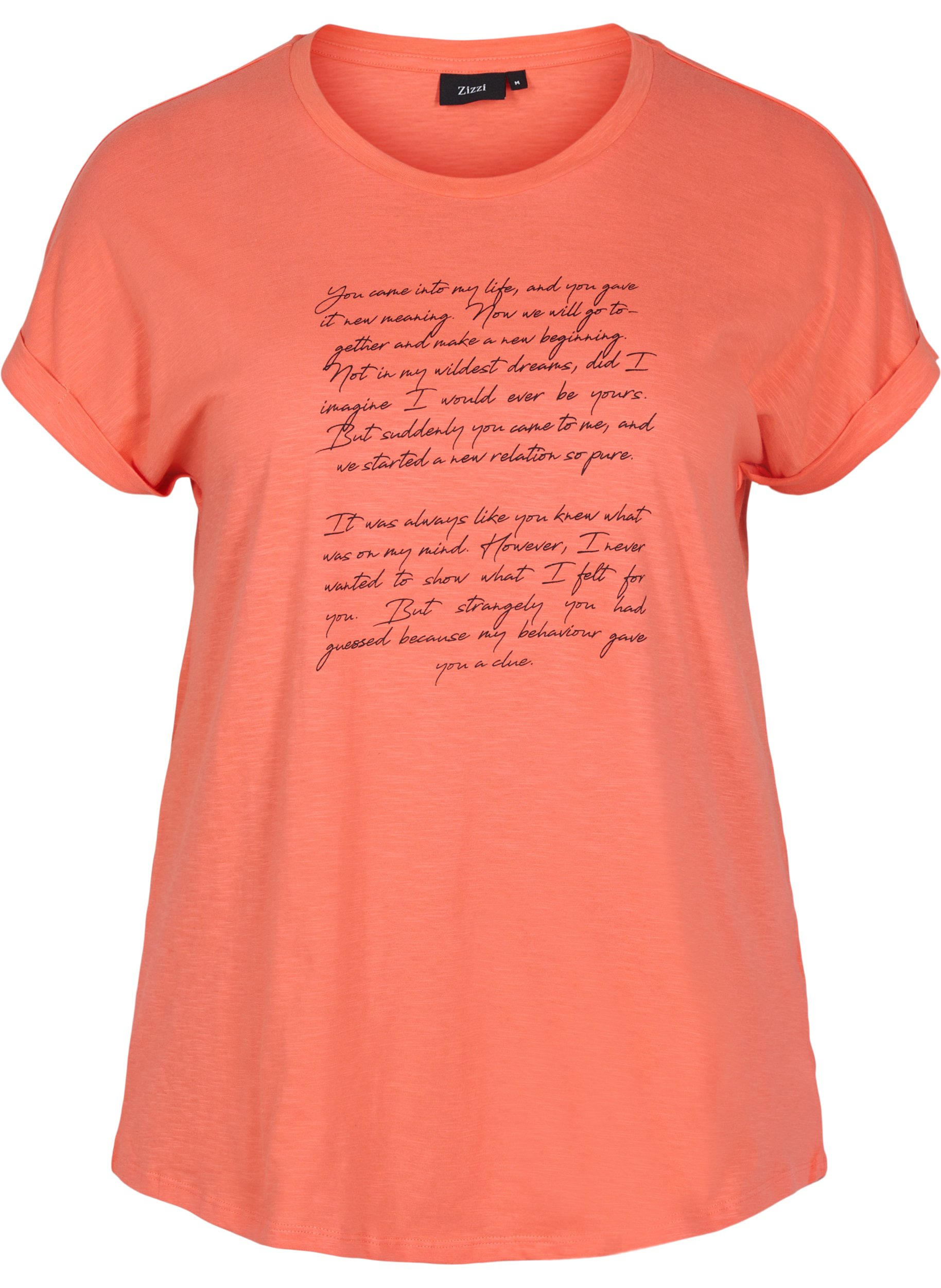 T-skjorte med trykk i økologisk bomull, Living Coral Text, Packshot image number 0