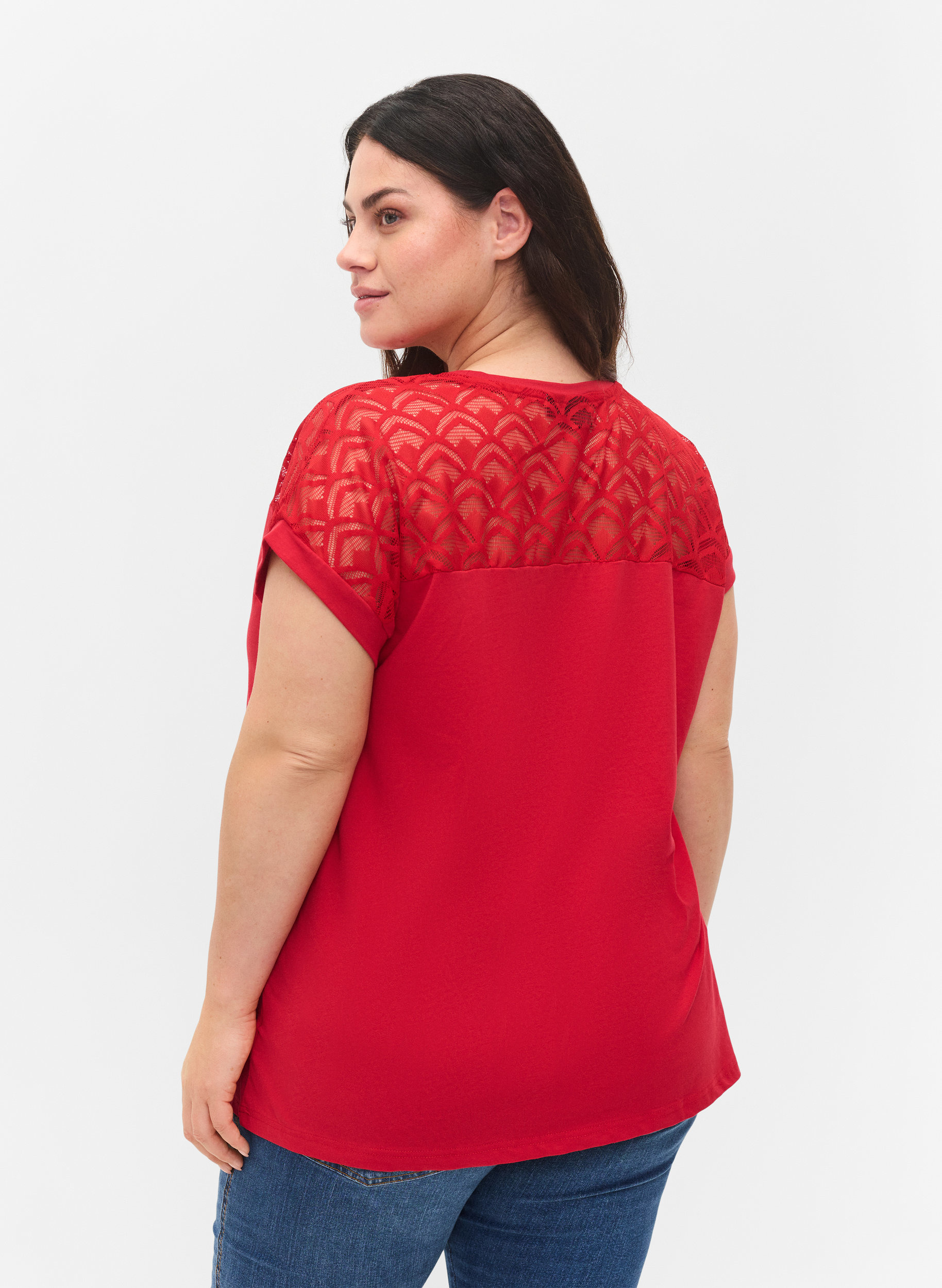 T-skjorte i bomull med blonder, Tango Red, Model image number 1