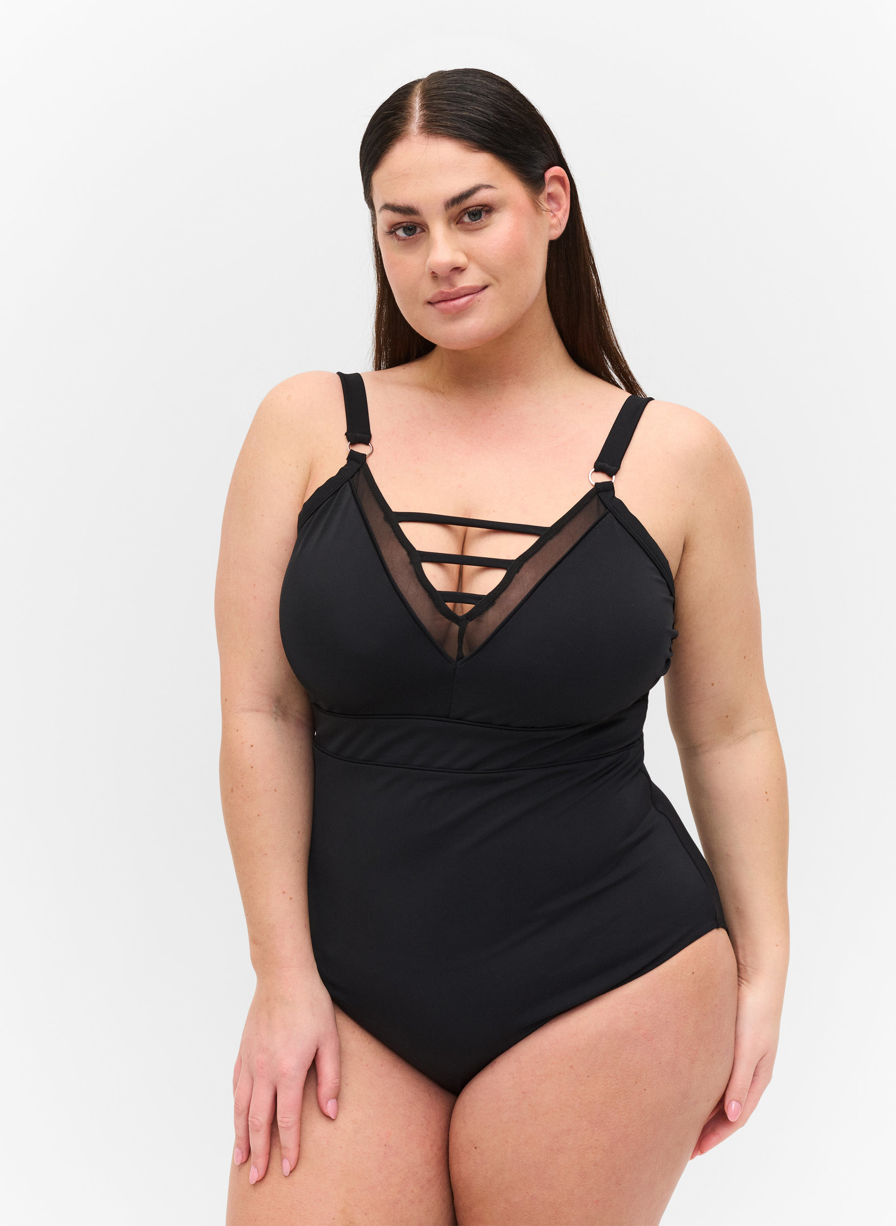 Badedrakt med V-hals og mesh, Black, Model