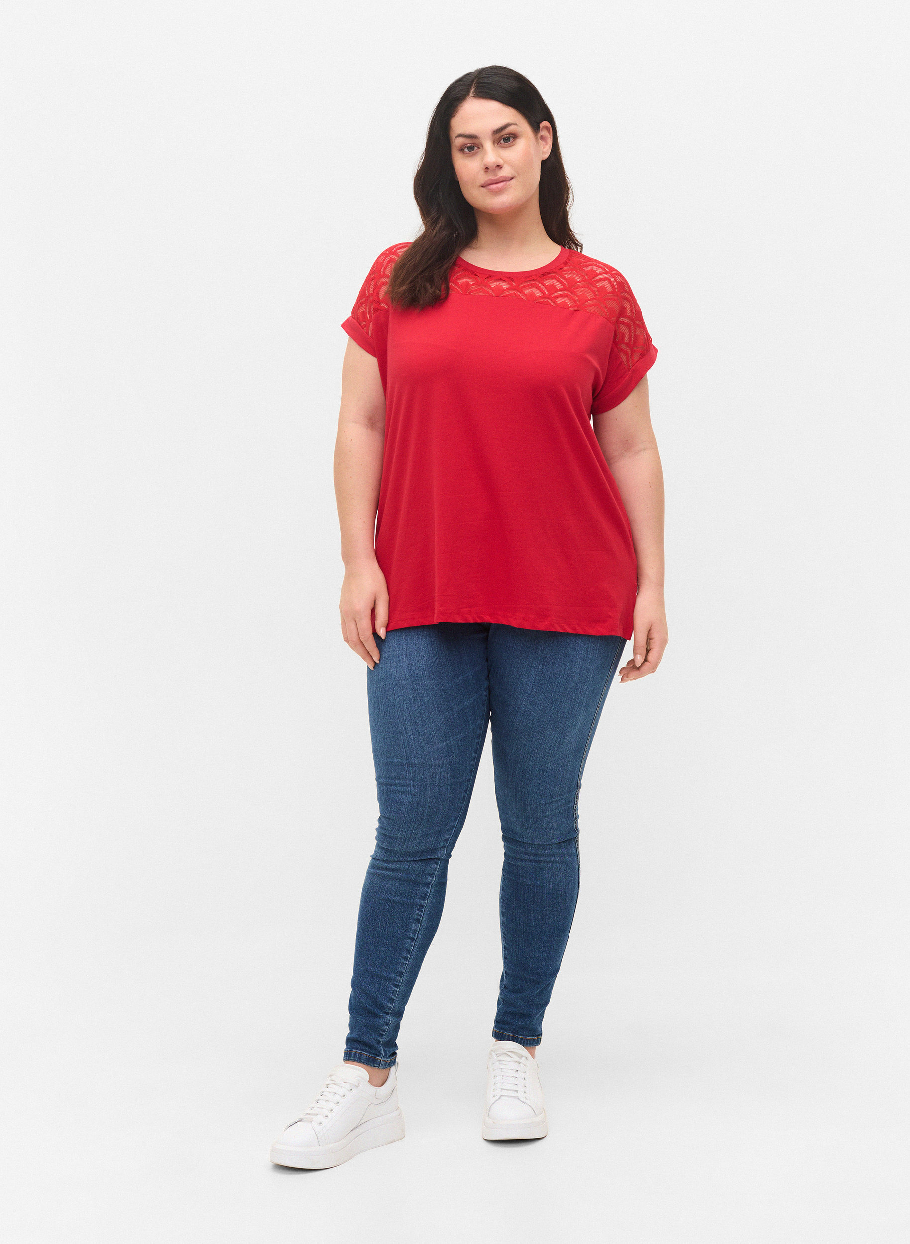 T-skjorte i bomull med blonder, Tango Red, Model image number 2