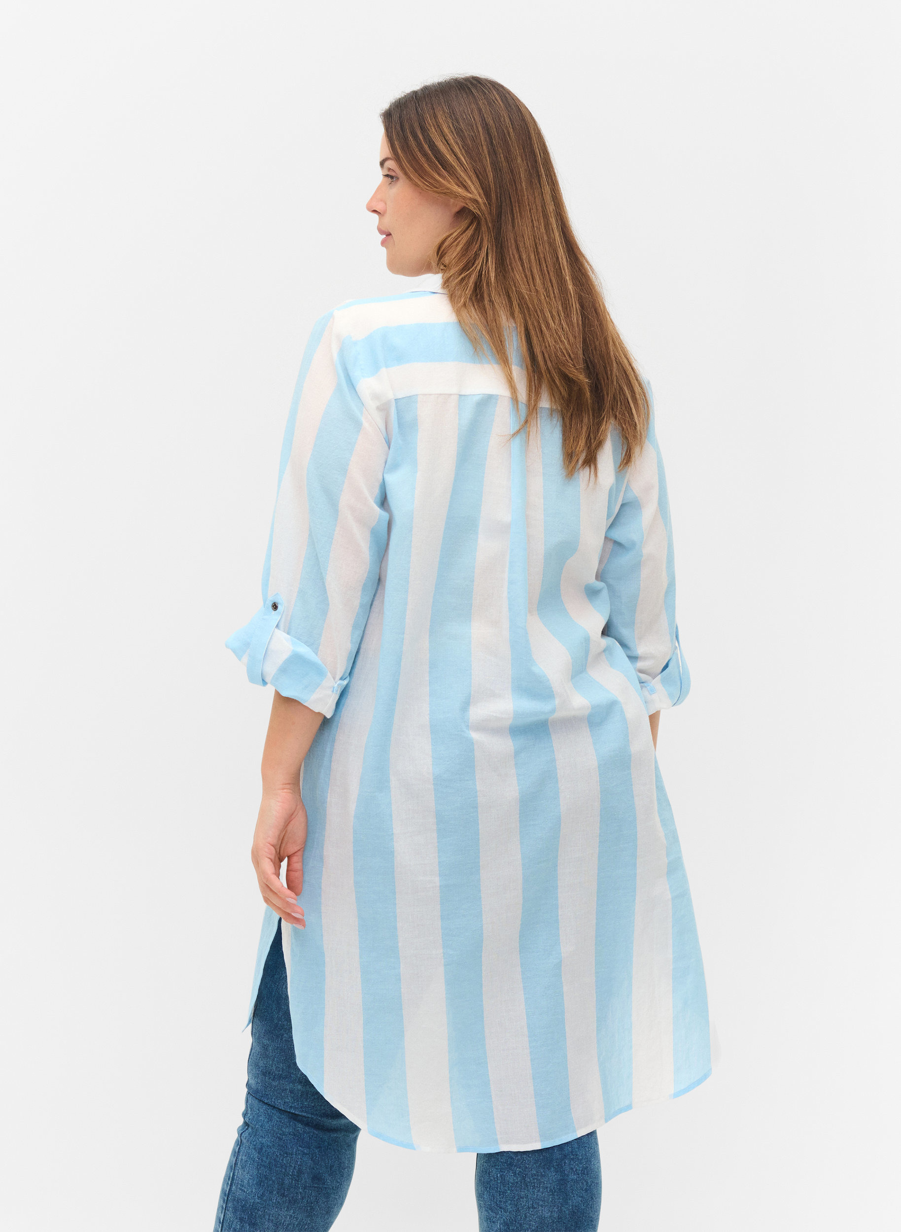 Stripete bomullskjorte med 3/4-ermer, Blue Bell Stripe, Model