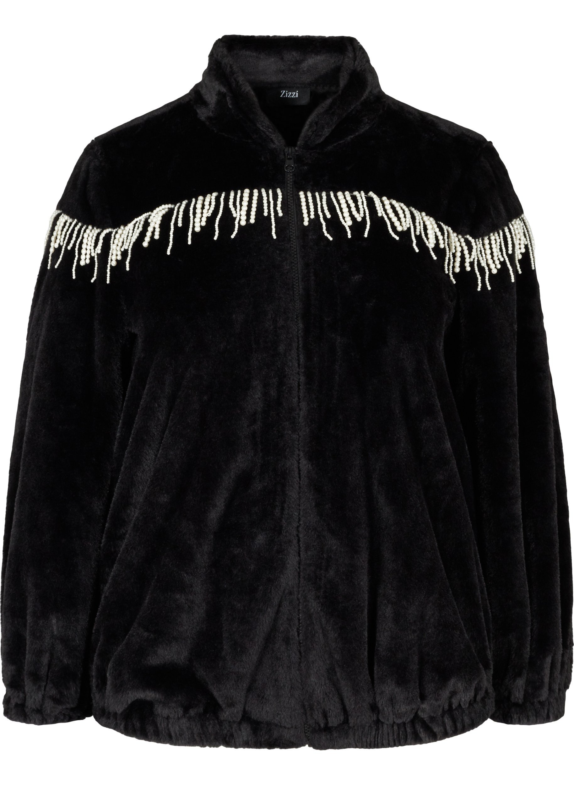 Kort jakke med imitert pels med dekorative perler, Black