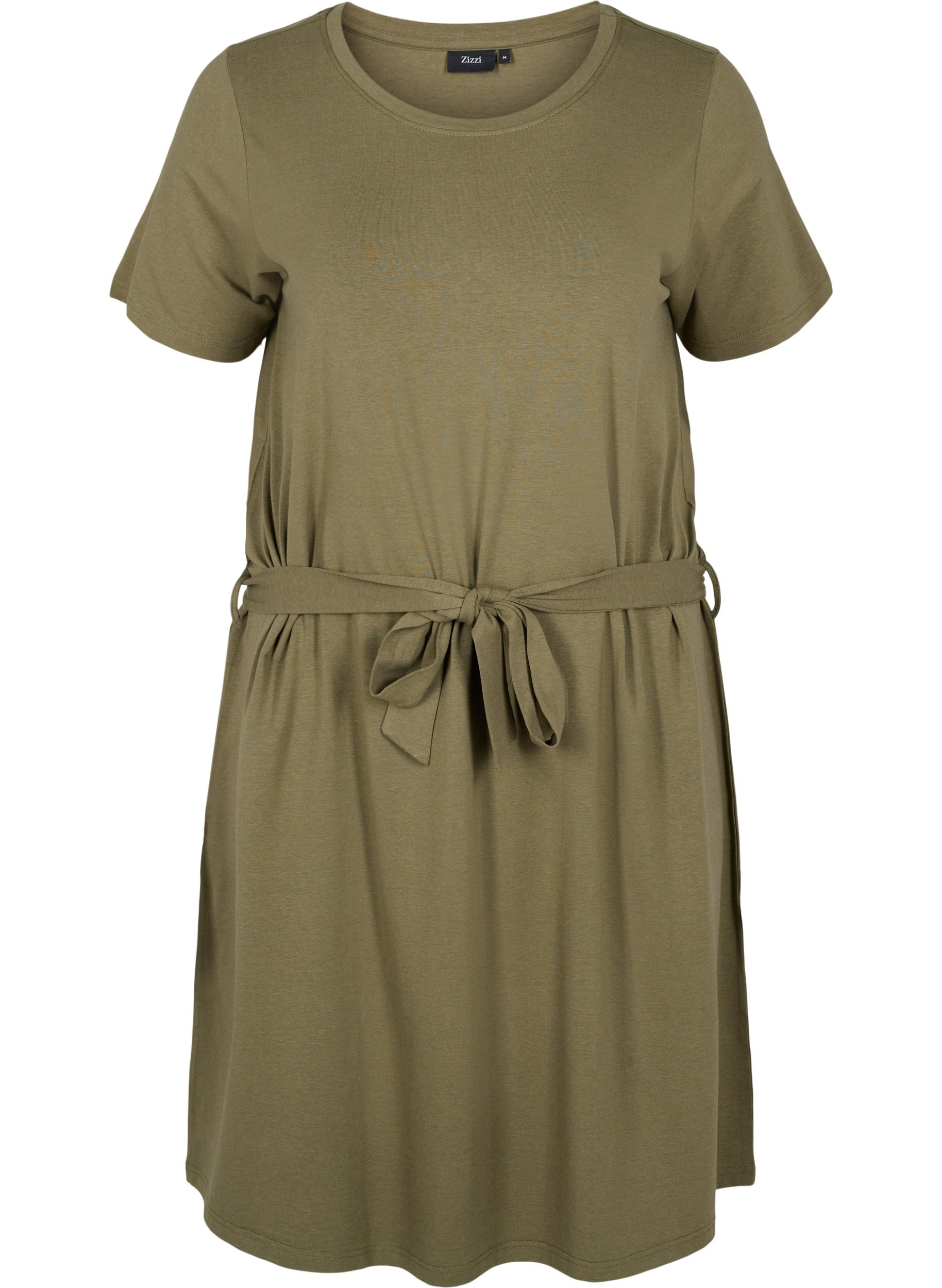 Kortermer kjole med midjebelte, Dusty Olive, Packshot image number 0