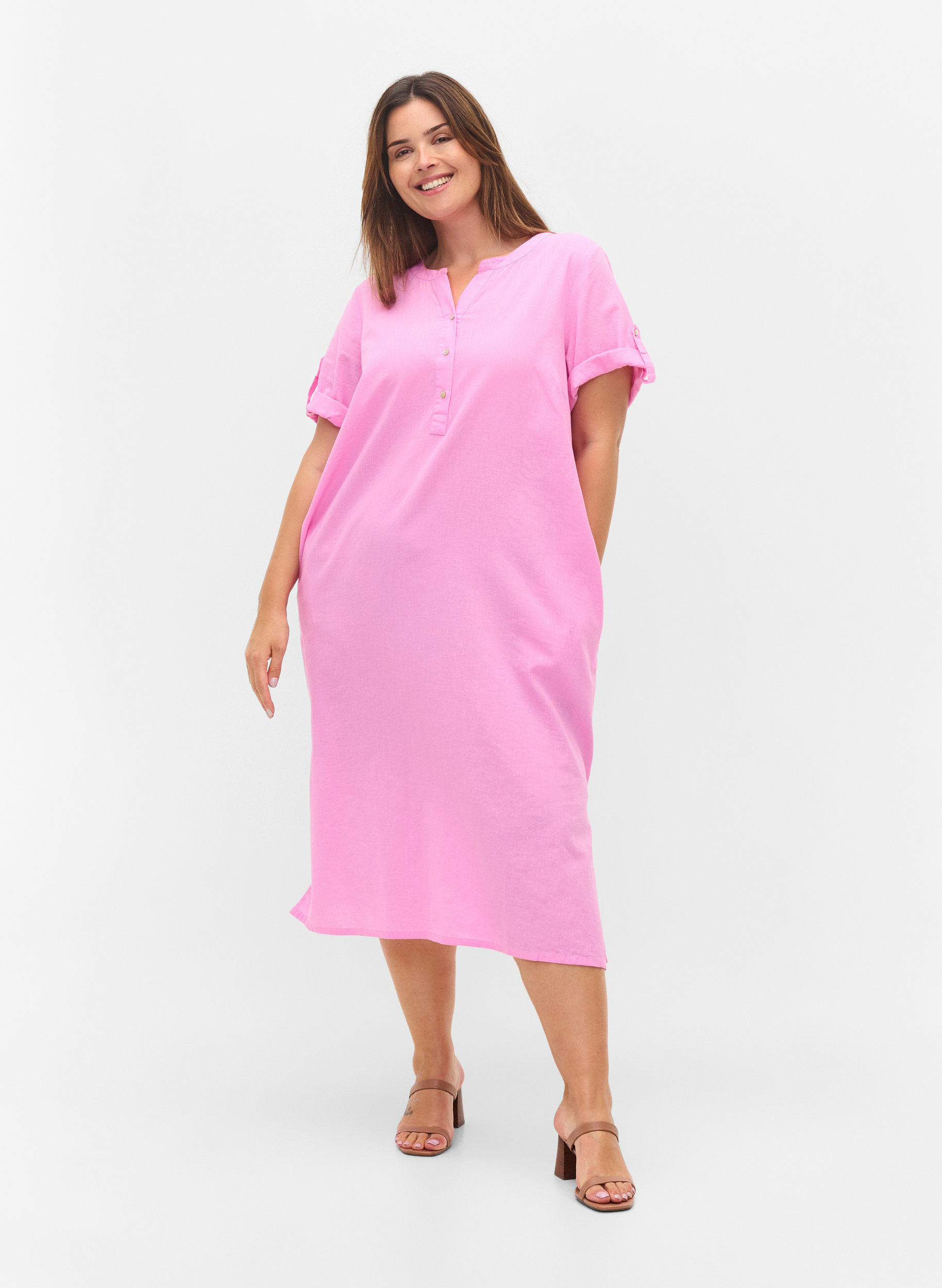Lang skjortekjole med korte ermer, Begonia Pink, Model image number 2