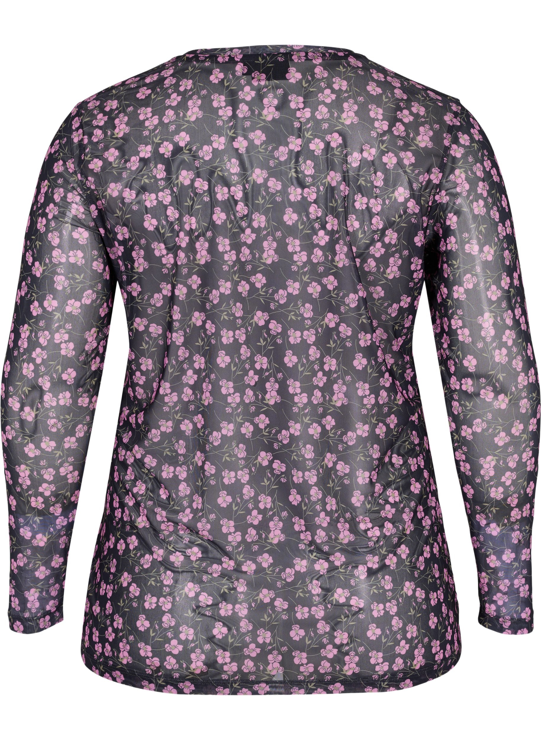 Langermet bluse i mesh med blomstermønster, Flower AOP, Packshot image number 1