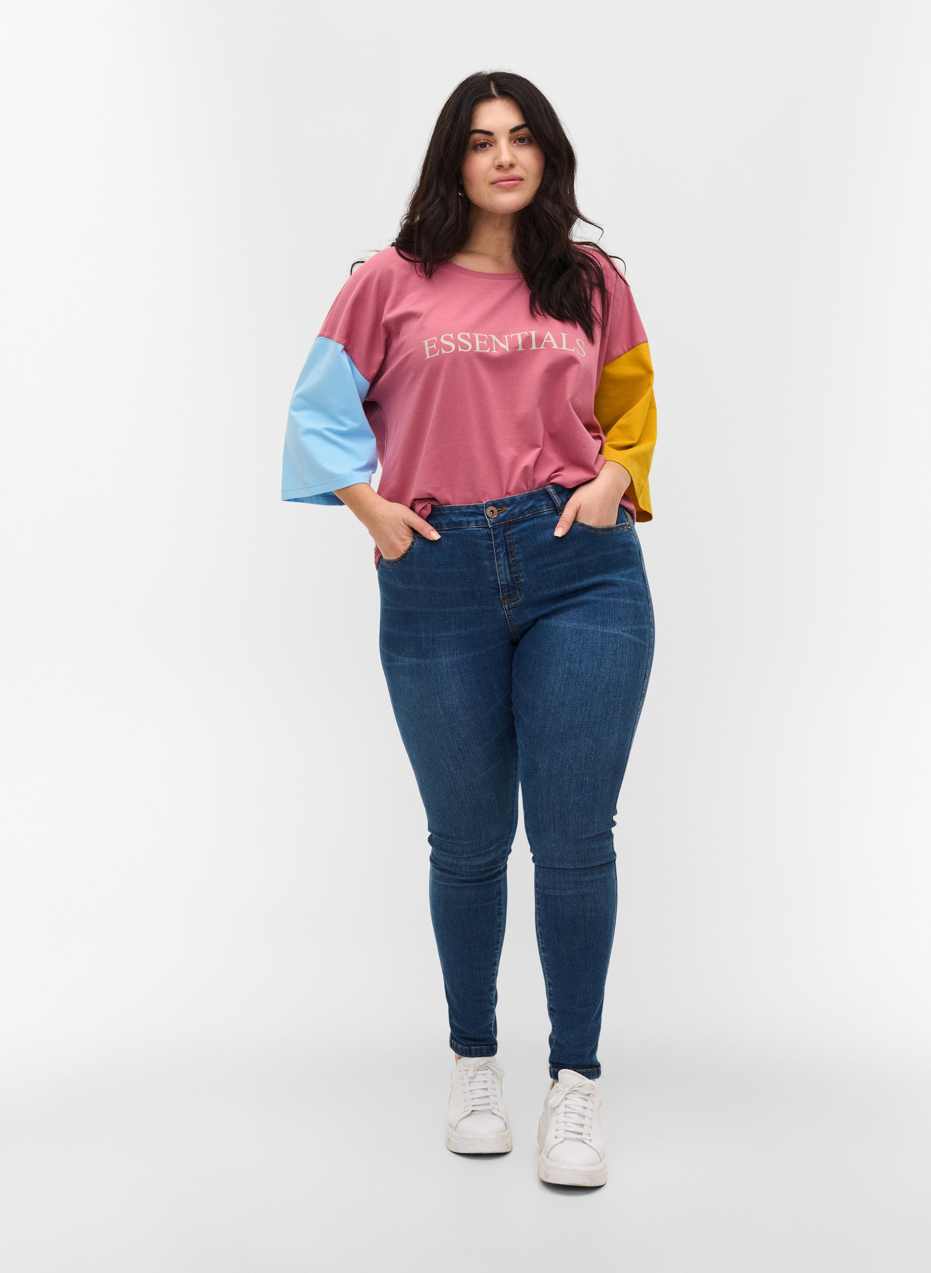 T-skjorte med colorblock og 2/4-ermer, Pink Blocking, Model image number 1