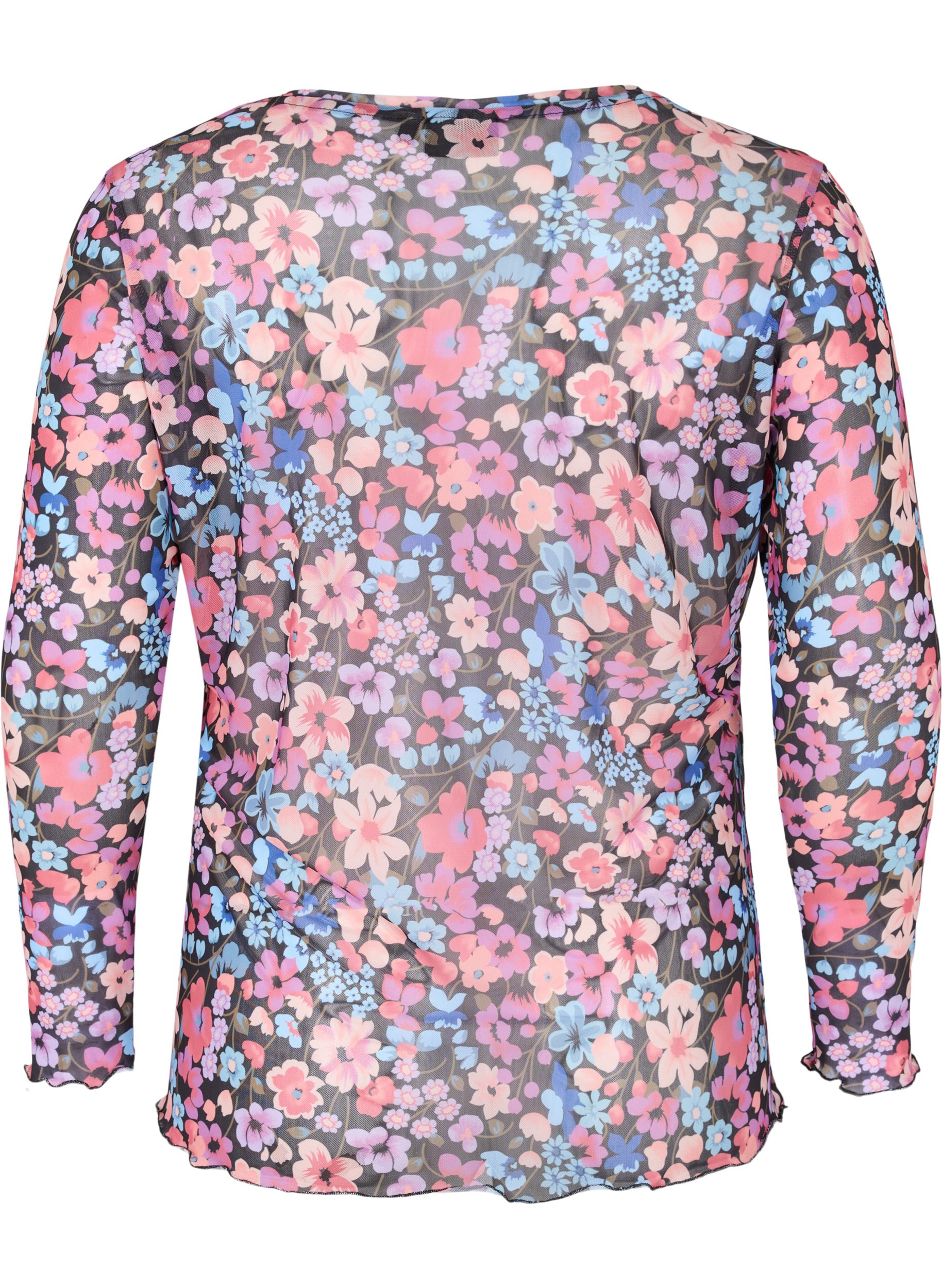 Tettsittende bluse i mesh og blomstermønster, Flower AOP, Packshot image number 1
