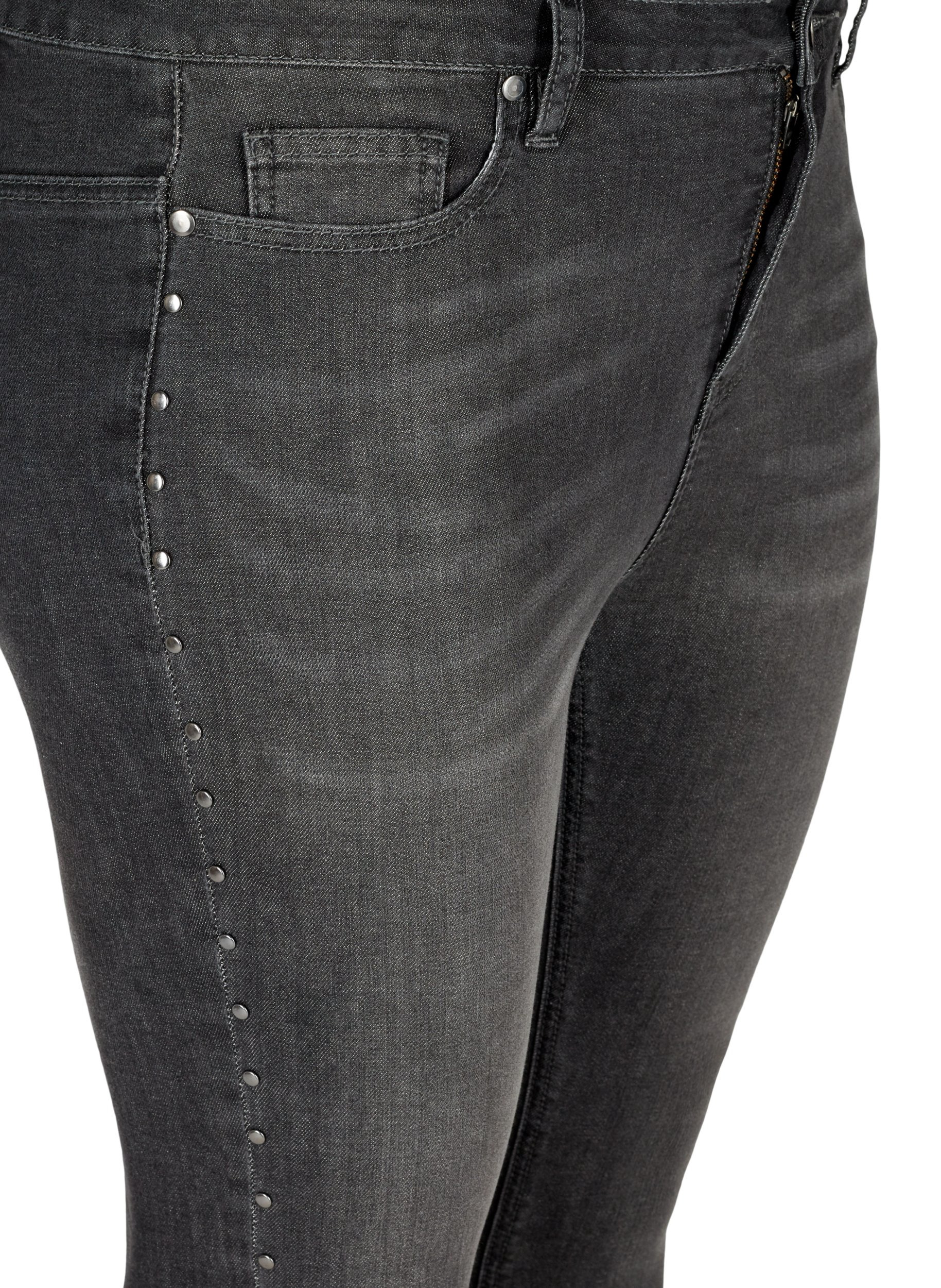 Amy jeans med høyt liv og nagler langs sidesømmene, Dark Grey Denim, Packshot image number 2