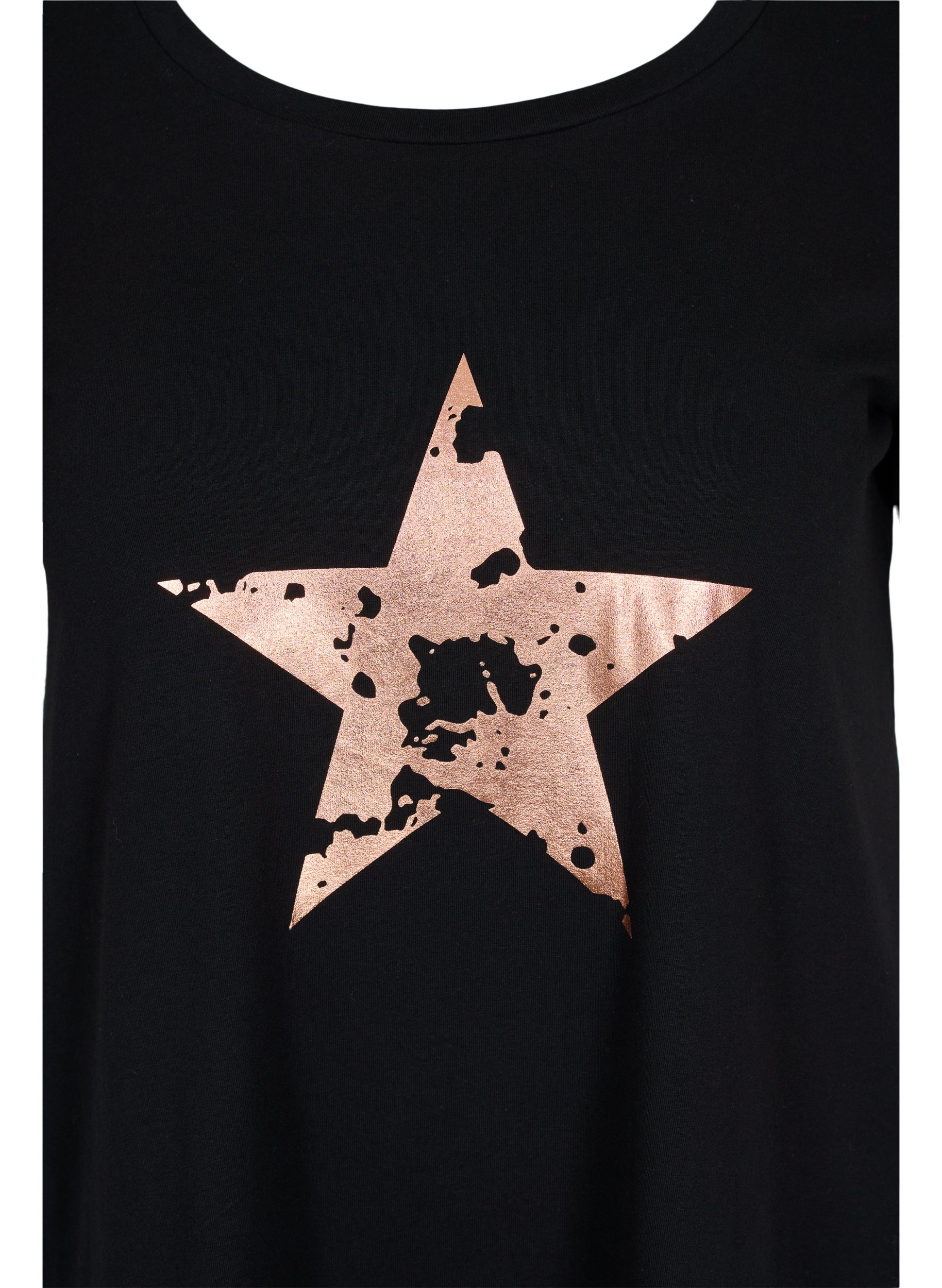Kortermet T-skjorte i bomull med mønster, Black w. star copper, Packshot image number 2