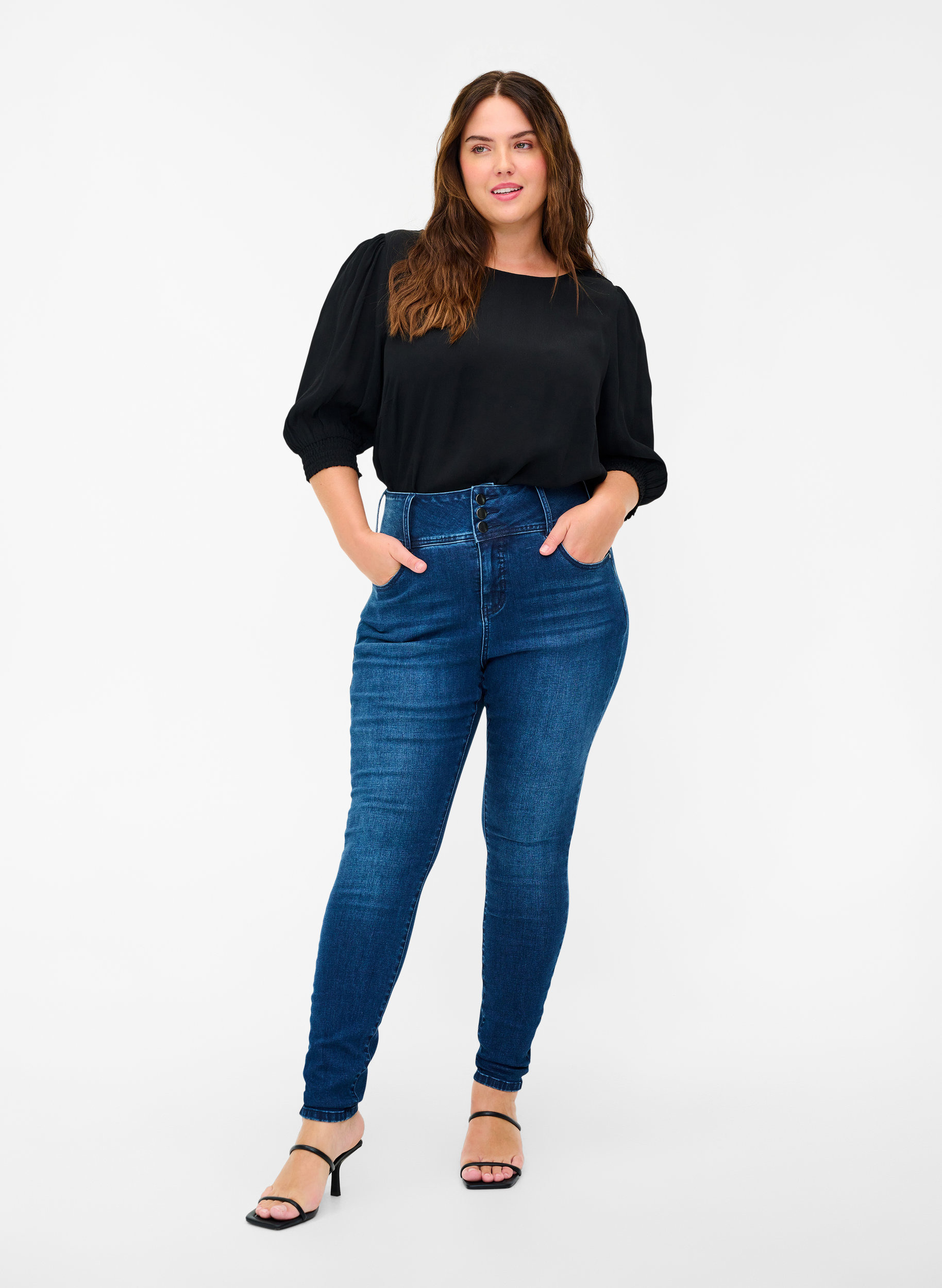 Super slim Bea jeans med ekstra høyt liv, Blue denim, Model image number 0