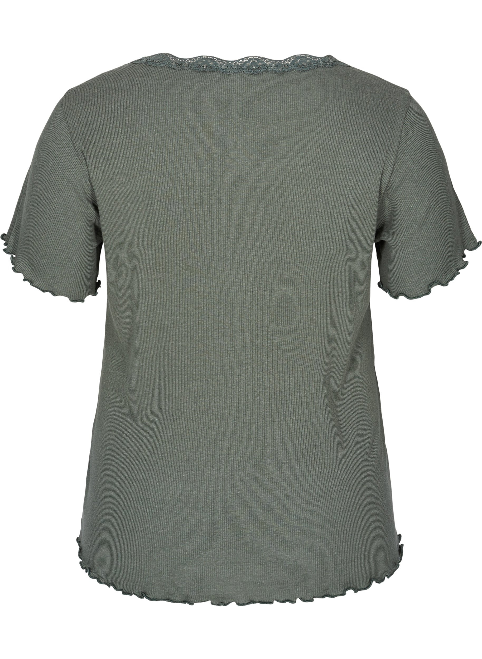 T-skjorte i ribbet struktur med blondekant, Balsam Green, Packshot image number 1
