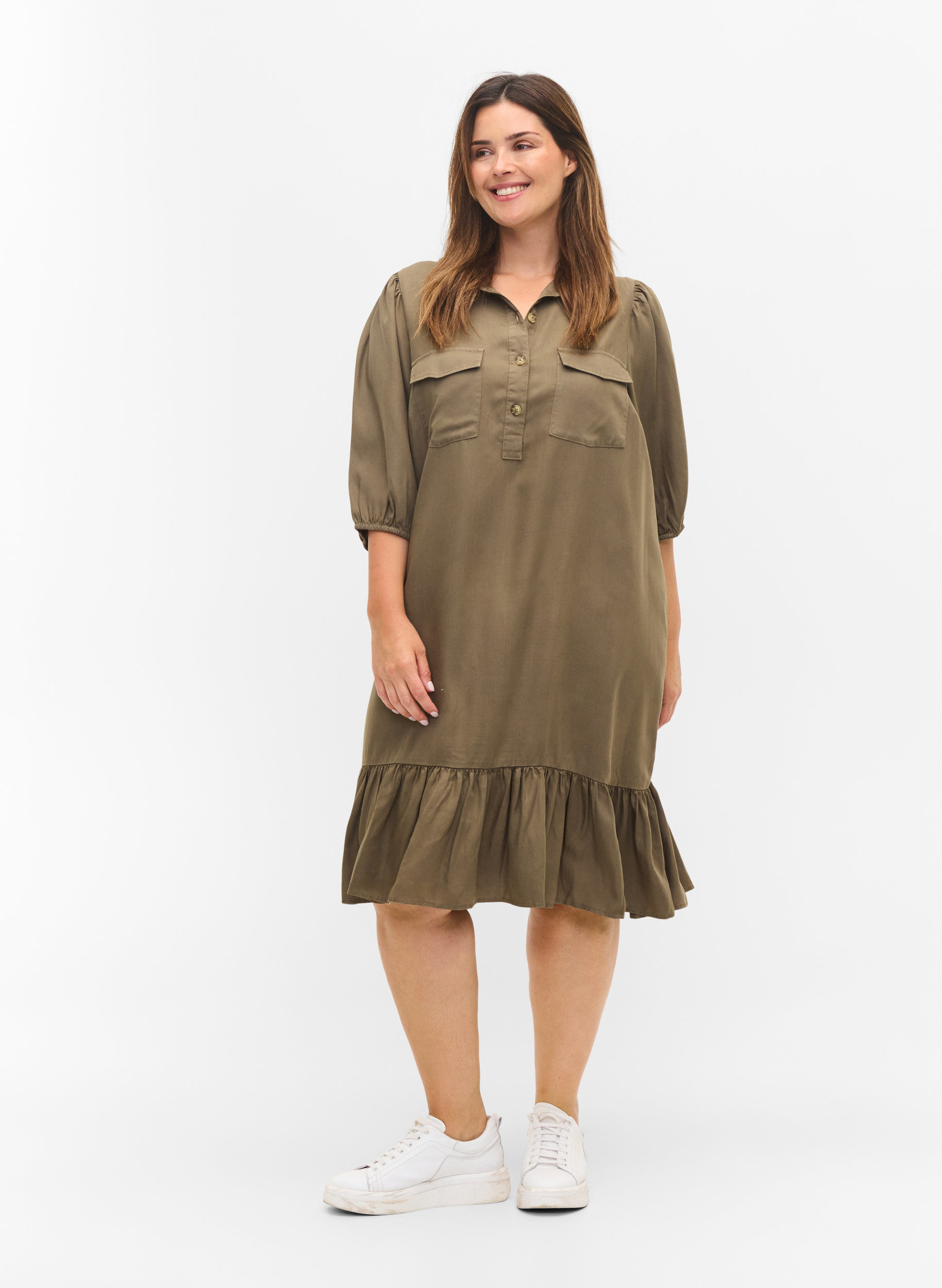 Kjole med volangkant og 3/4-ermer, Dusty Olive, Model image number 2